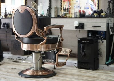 Stylish barbershop interior featuring a vintage barber chair and grooming tools, ideal for design inspiration.